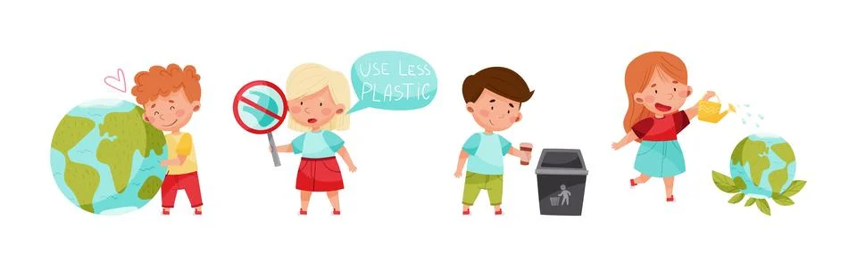 Kid Characters Saving Planet Take Care of Environment Vector Set Stock Illustration