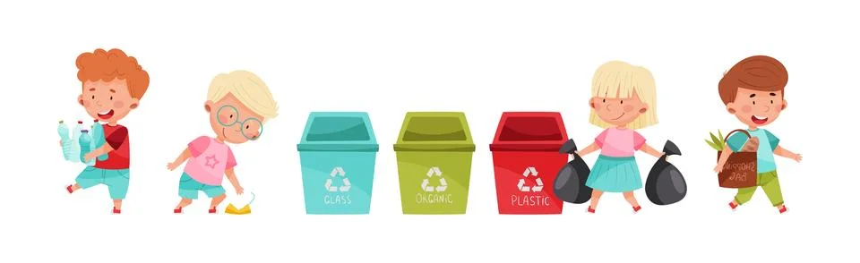 Kid Characters Saving Planet Take Care of Environment Vector Set Stock Illustration
