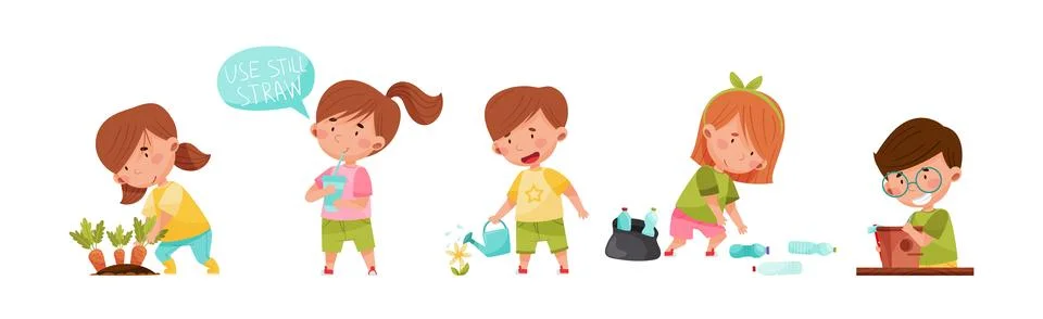 Kid Characters Saving Planet Take Care of Environment Vector Set Illustrazione stock