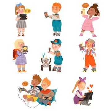 Kid Characters Using Gadgets Like Smartphone, Laptop and Tablet pc Vector Set 스톡 일러스트