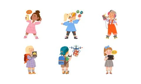 Kid Characters Using Gadgets Like Smartphone, Tablet PC and Quadcopter Vector 스톡 일러스트