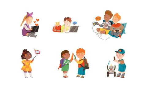 Kid Characters Using Gadgets Like Smartphone, Tablet PC and Gamepad Vector Set 스톡 일러스트