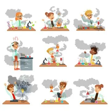 Kid chemists characters posing in different situations looking dirty after Stock Illustration