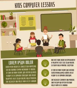 Kid computer lessons poster template with cartoon children in classroom 库存插图