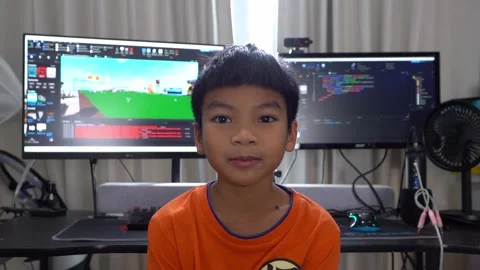 Kid with computer programming and game developing in background, for technology  Stock Footage 205351403
