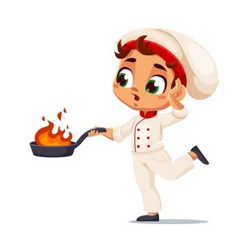 Kid cook chef, boy in toque with a flaming pan Stock Illustration