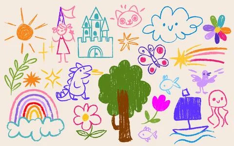 Kid crayon doodle set with cloud and rainbow 스톡 일러스트