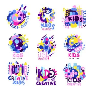 Kid creative set of colorful logo graphic templates hand drawn vector Stock Illustration