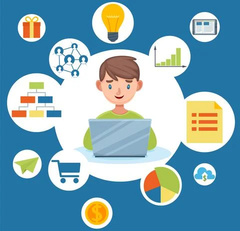 Kid creativity, mindmap and brainstorm vector illustration on blue background Illustrazione stock
