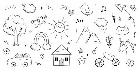 Kid cute doodle set. Cute sun, house, tree kid doodle sketch style vector. Hand Stock Illustration