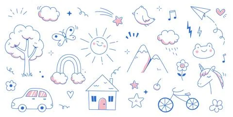 Kid cute doodle set. Cute sun, house, tree kid doodle sketch style vector. Hand Stock Illustration