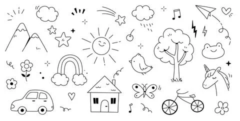 Kid cute doodle set. Cute sun, house, tree kid doodle sketch style vector. Hand イラスト素材