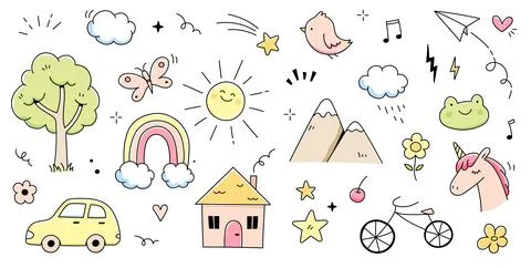 Kid cute doodle set. Cute sun, house, tree kid doodle sketch style vector. Hand イラスト素材