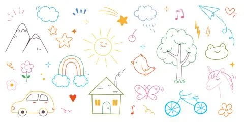 Kid cute doodle set. Cute sun, house, tree kid doodle sketch style vector. Hand Stock Illustration