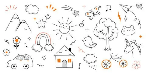Kid cute doodle set. Cute sun, house, tree kid doodle sketch style vector. Hand Stock Illustration