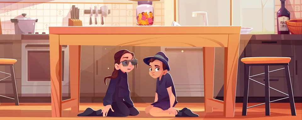 Kid detective under kitchen table sitting and spy Stock Illustration