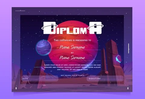 Kid diploma with alien planet surface, certificate Stock Illustration