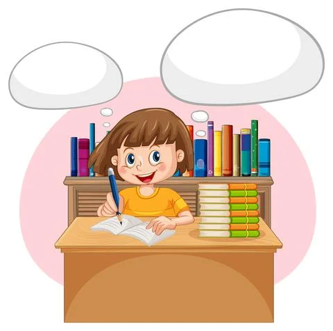 A kid doing homework with speech bubble in the library Stock Illustration
