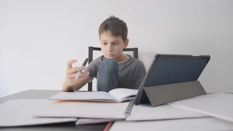 Kid don't want do homework. Education, learning difficulties, online learning Vídeo Stock 127460637