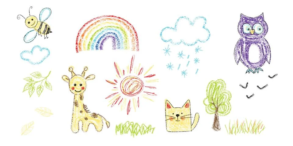 Kid doodle crayon or chalk hand scribble drawings set. Stock Illustration