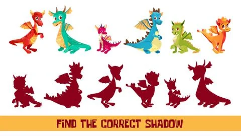 Kid dragon find correct shadow game vector cartoon illustration Ilustración de archivo