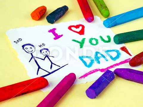 Kid drawing of father holding his child for happy father's day theme with I L Stock Photos