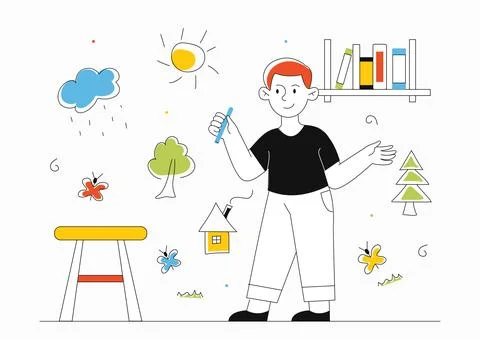 Kid draws at wall vector concept Illustrazione stock