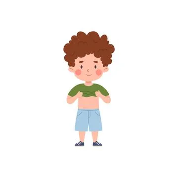 Kid dressing himself up, vector cartoon cute boy standing undressing or dressing Stock Illustration