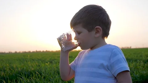 Kid drinks water from glass on sunset, small boy at grass holds in hands glasses Stock Footage