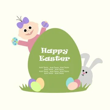 Kid with Easter colored eggs and bunny. Stock Illustration