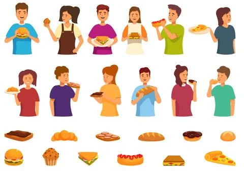 Kid eat bread icons set cartoon vector. Breakfast school イラスト素材