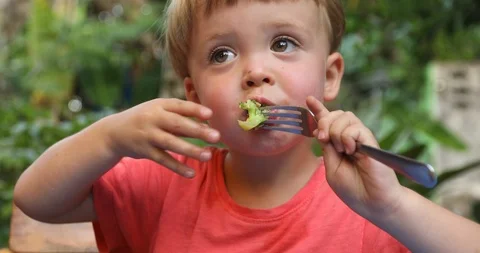 Kid eats broccoli by fork Stock Footage 102484290