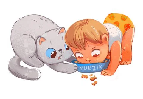 Kid eats from the cat's bowl Stock Illustration