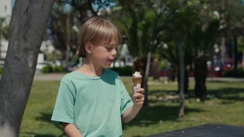 Kid eats ice-cream. Young boy child eating icecream dessert Stock-Footage 196568430