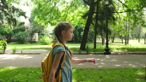 Kid elementary school student walks through the park to school in the morning Stock-Footage 202618575