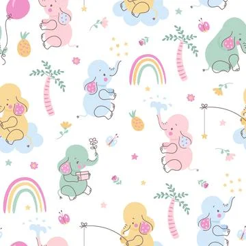 Kid elephant seamless pattern. Elephants and palm tree wallpaper. Cute funny Stock Illustration
