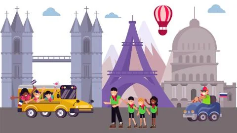 Kid excursion camp at sightseeing tour place, vector illustration. Summer 스톡 일러스트