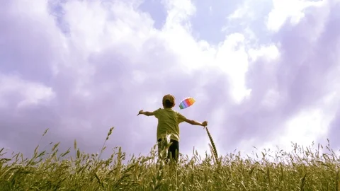 A kid flying in blue sky with some clouds. Stock Footage 109618368
