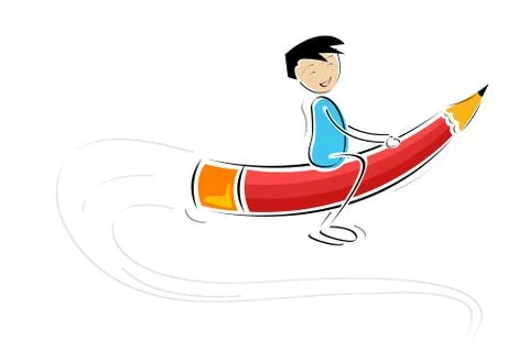 Kid flying on pencil Stock Illustration