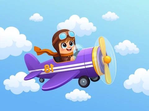 Kid flying on plane in sky clouds, boy on airplane Stock Illustration