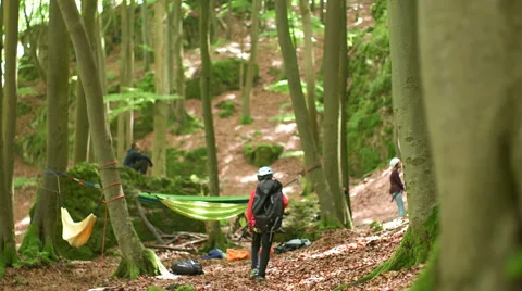 Kid in the Forest Walking Towards Rock Wall Stock Footage 65411593