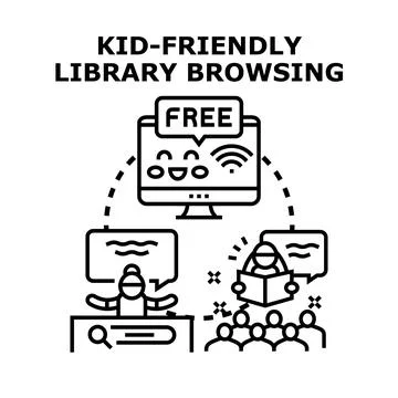 Kid friendly library browsing offering free digital educational resources Stock Illustration