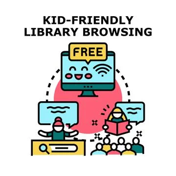 Kid friendly library browsing offering free digital educational resources Stock Illustration