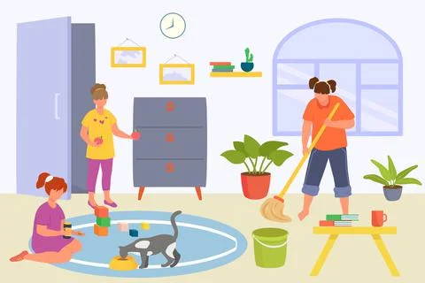 Kid good behavior at home concept, vector illustration. Cartoon boy girl Stock Illustration