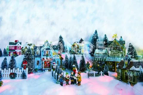 Kid gospel choir singing and reads bible in the middle of Christmas village. Stock Illustration