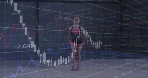 Kid gymnast shifting weight doing hops,tucks while finance charts overlaying mat Stock Footage 330546737