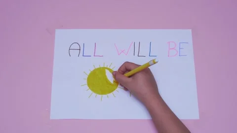 Kid hand coloring all will be ok message against coronavirus zoom out Stock Footage 278842311