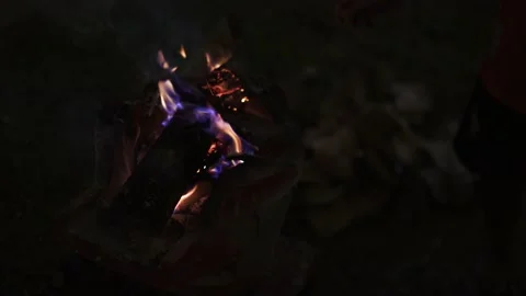 Kid hand playing and putting tree leaf into burning fire charcoal Video stock 146834150