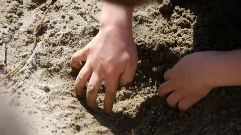 Kid hands digging sand like a dog Stock Footage 88597919