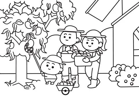 Kid harvesting fruit with parent. Illustrazione stock